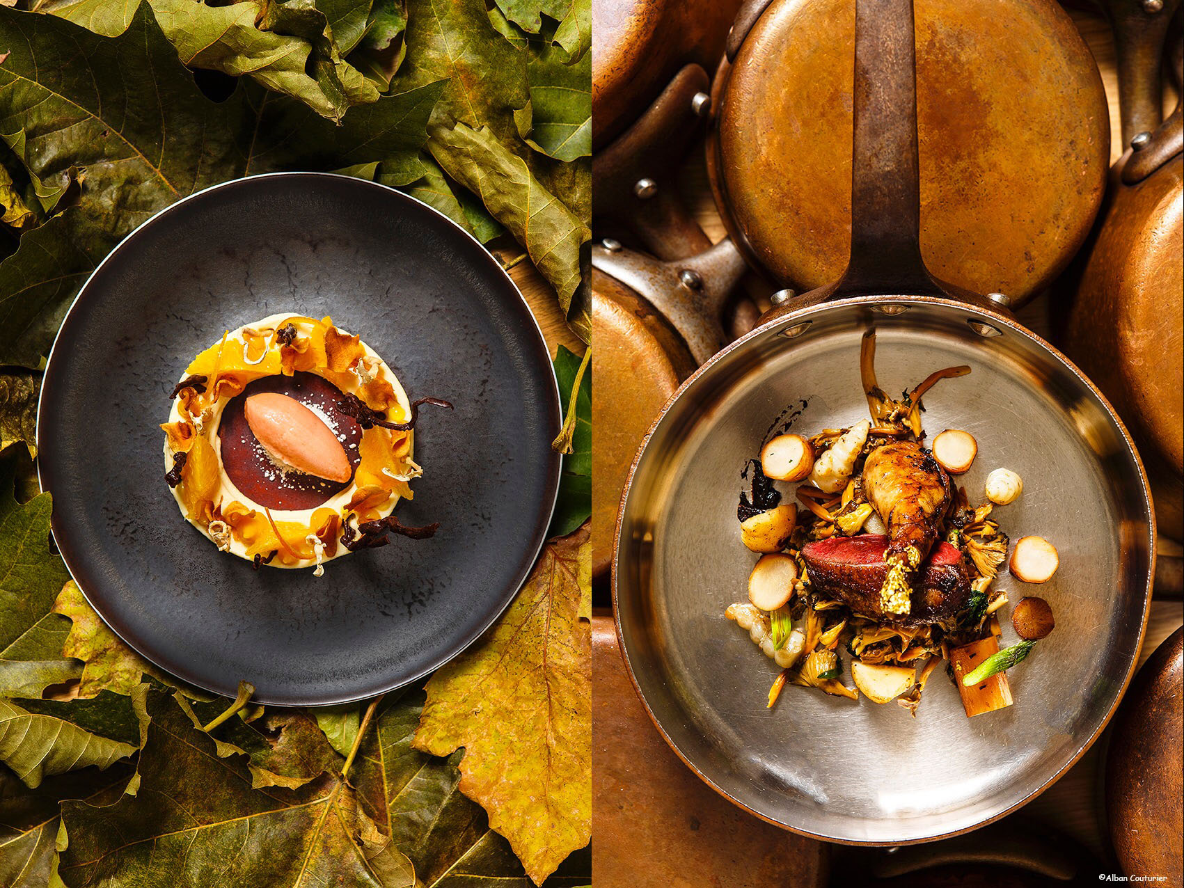 Parfum d'automne, restaurant l'Evidence, Montabzon, Chef proprietaire Gaetan Evrard, Dessert Panais et Canard en deux cuissons, reduction de cafe, ©Alban Couturier