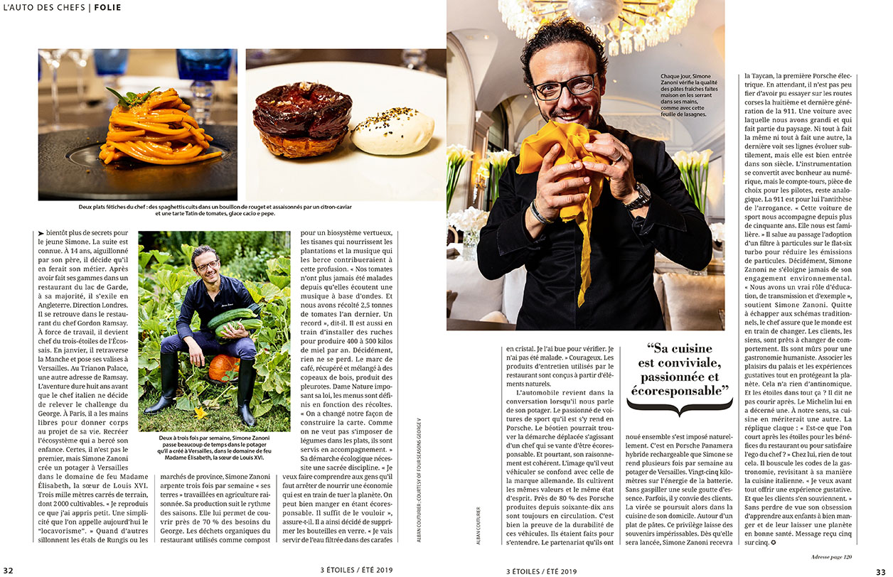 Magazine 3 Etoiles, Ete 2019 Simone Zanoni, Porsche, Chef 1 etoile, Hotel Georges V Paris ©Alban Couturier