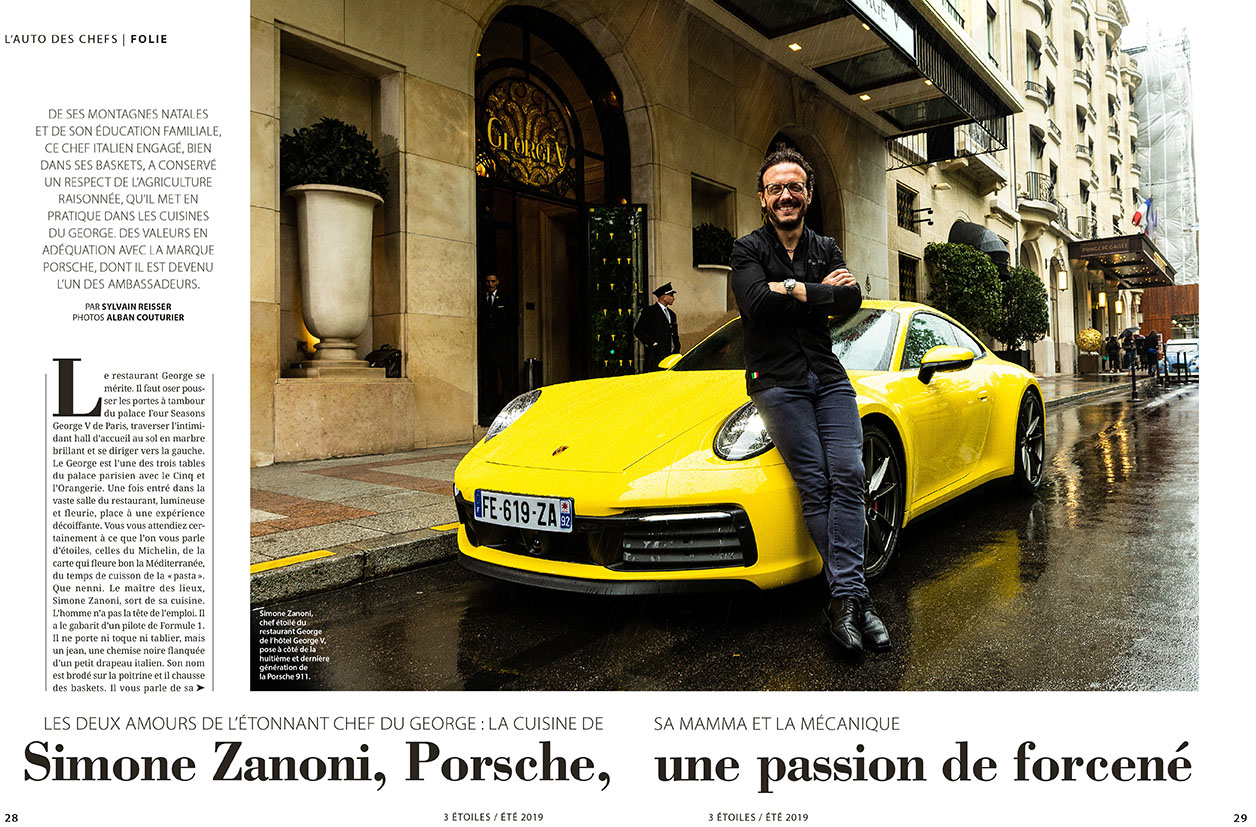 Magazine 3 Etoiles, Ete 2019 Simone Zanoni, Porsche, Chef 1 etoile, Hotel Georges V Paris ©Alban Couturier