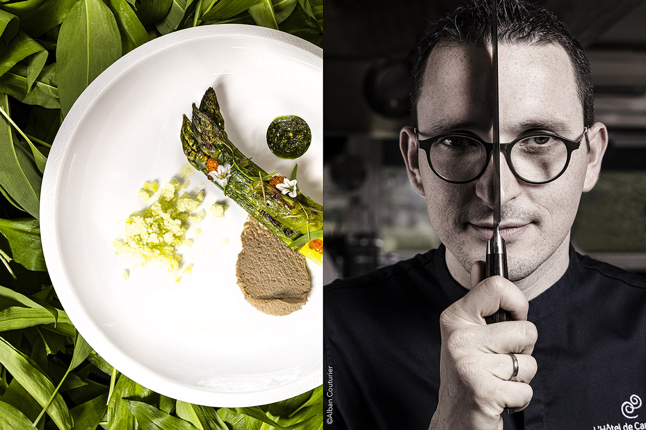 Quand le chef et ami Nicolas Carro, chef 1 étoile, Carantec, se prête au jeu du portrait. Recette Asperges vertes, pesto d'ail des ours et écrasé de sardine, rafraîchi d'un granité pomme granny ©Alban Couturier